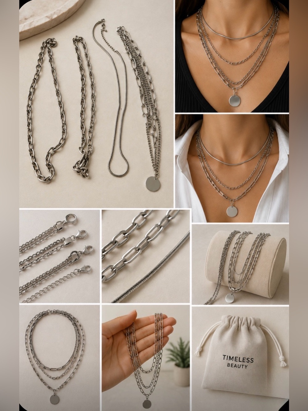 Silver-Tone Layered Chain Necklace Set - Classic Women Jewelry